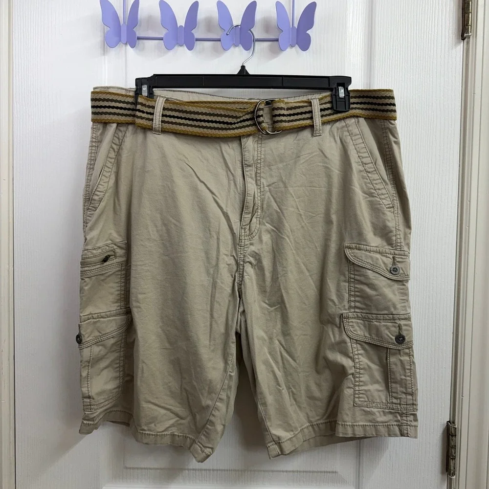 Iron Co. men's tan cargo pocket cotton stretch belted shorts casual neutral 38